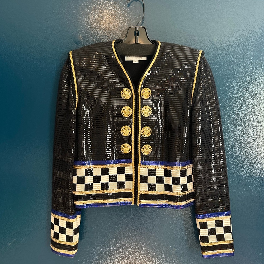 St. John Black Sequin Jacket with Gold and Blue Details